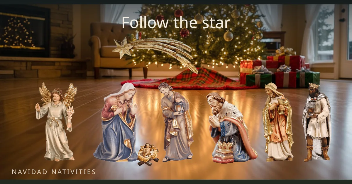 "Follow the star": a greeting card of Pema Kostner figures under the tree