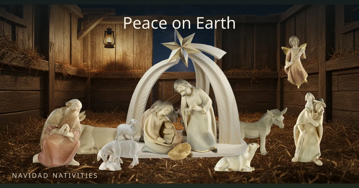 "Peace on Earth": a greeting card of Rowi Crib figures in the stable