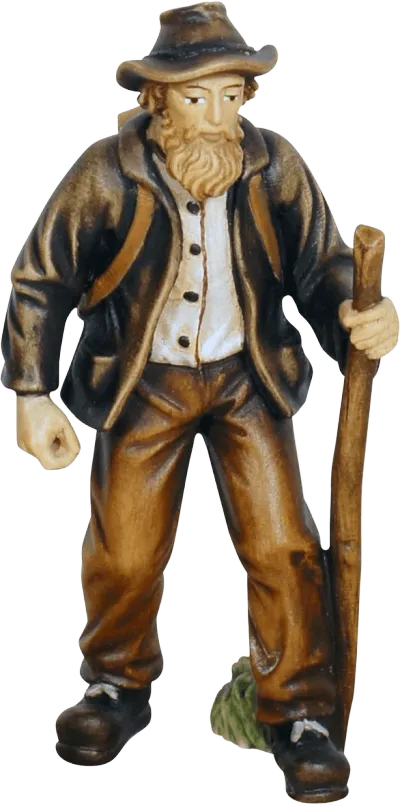 Hand-carved wooden Farmer figure from Pema Kostner collection, painted in brown and beige tones with walking stick