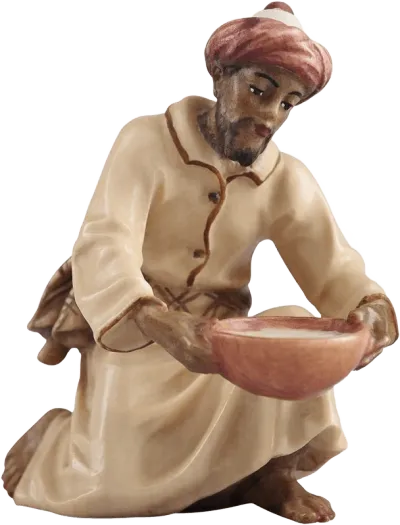 Hand-carved wooden figure of a kneeling camel driver holding a water bowl, painted in natural tones