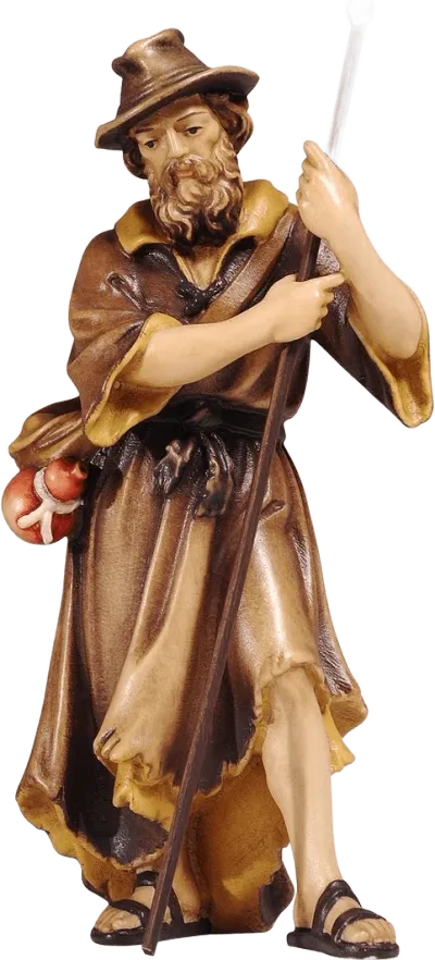 Hand-carved wooden shepherd with hoe, wearing hat and rustic clothing, hand-painted in brown and yellow tones
