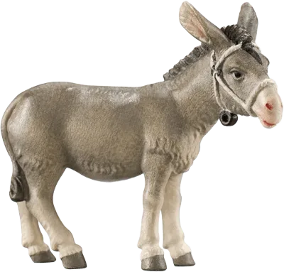 Hand-carved wooden donkey figure with bridle and bell, painted in gray and white tones