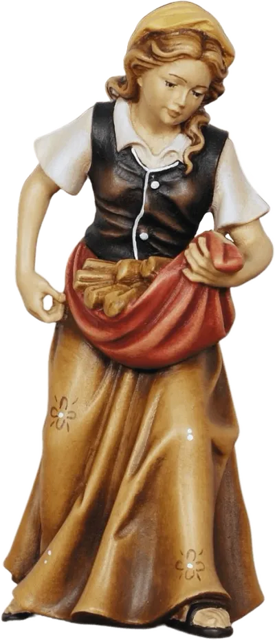 Hand-carved wooden figure of a woman carrying firewood in a red cloth, painted in earthy tones