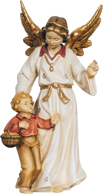 Hand-carved wooden guardian angel with gold wings guiding a boy holding a basket, hand-painted