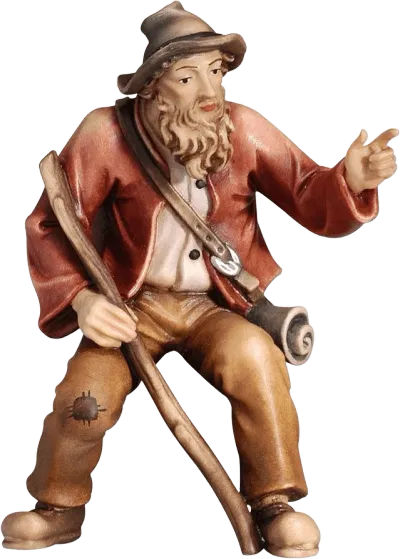 Hand-carved wooden Sitting Shepherd Pointing figure in brown and red clothing holding staff