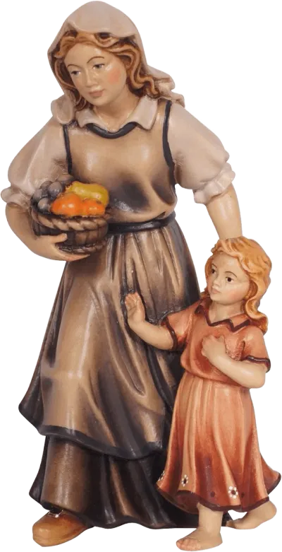 Hand-carved and hand-painted wooden shepherdess holding a basket of fruit with a girl in orange dress