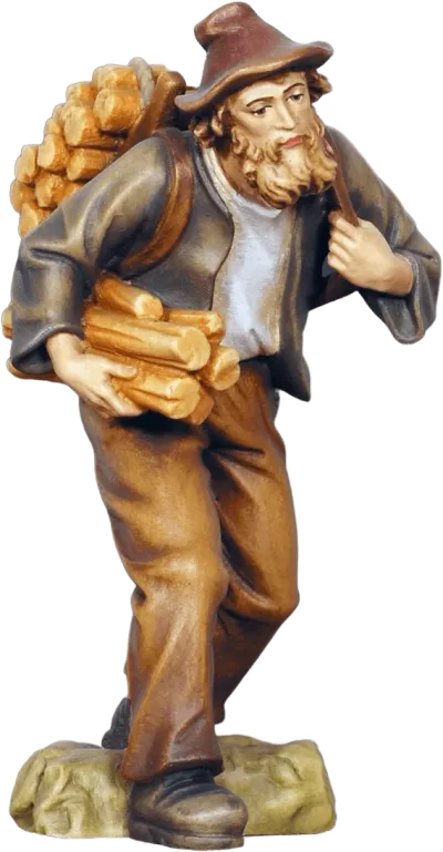 Hand-carved wooden shepherd figure carrying wood, hand-painted in natural colors