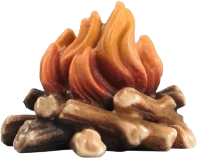 Hand-carved wooden campfire figure with orange flames and brown logs, painted details