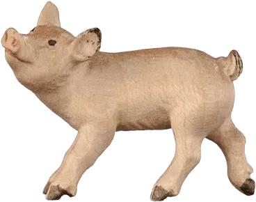 Hand-carved wooden piglet figure standing, painted light pink with detailed features