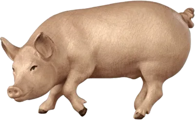 Hand-carved and hand-painted wooden pig figure in natural colors, standing pose