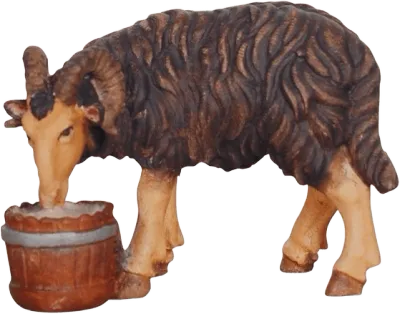 Hand-carved wooden dark ram drinking from a brown bucket, detailed textured wool and light legs
