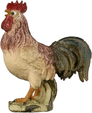 Hand-carved wooden rooster figure painted in red, cream, and blue from Pema Kostner collection