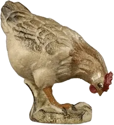 Hand-carved and hand-painted wooden hen figure pecking at ground with natural colors