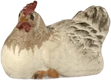 Hand-carved wooden hen sitting figure, painted in natural hen colors