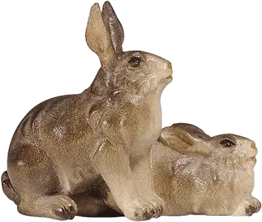 Hand-carved wooden group of two rabbits with natural brown and beige tones