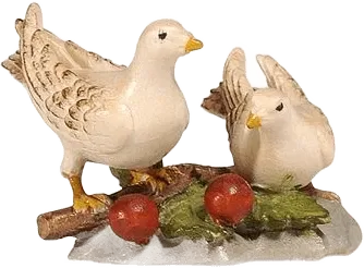 Pair of hand-carved wooden doves on a carved base with leaves and red berries, hand-painted