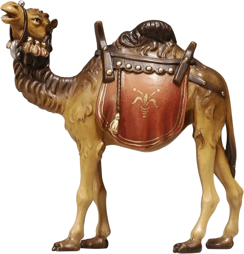 Hand-carved and hand-painted wooden camel nativity animal with decorative saddle