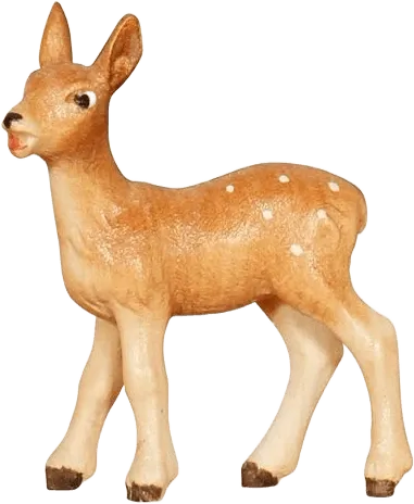 Hand-carved wooden fawn nativity figure, brown with white spots, standing