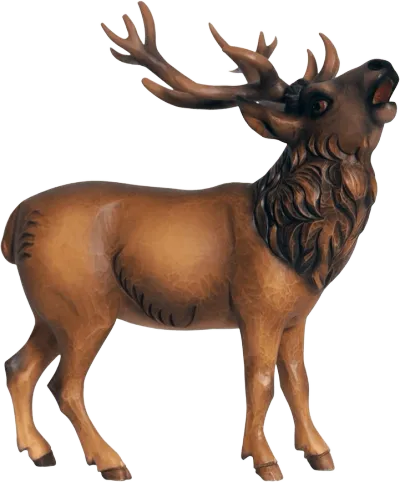Hand-carved wooden Deer figure with detailed antlers and hand-painted natural brown tones
