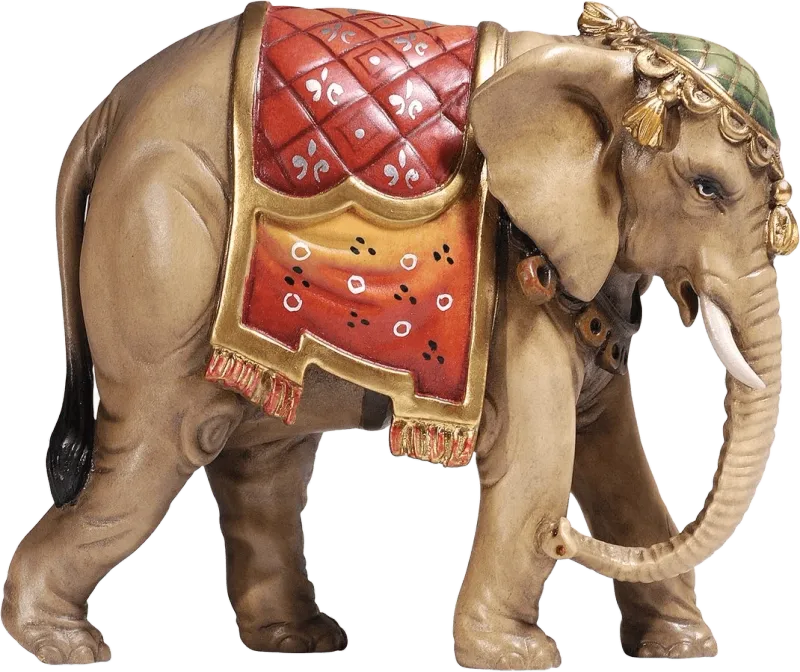 Hand-carved wooden elephant nativity animal with red and gold saddle and green headpiece