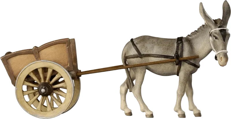 Hand-carved and hand-painted wooden donkey figure harnessed to a wooden cart with large wheels