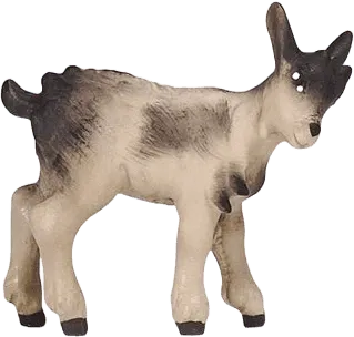 Hand-carved and hand-painted wooden kid goat figure in naturalistic cream and brown tones