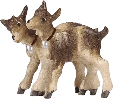 Pair of hand-carved wooden kid goats with brown and cream paint, wearing small collars with bells