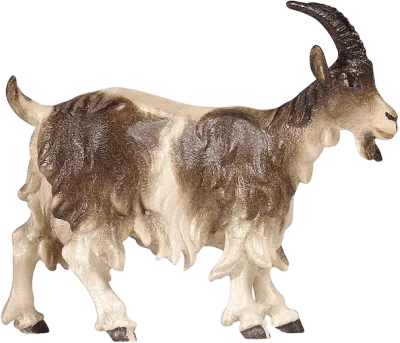 Hand-carved wooden goat figure with head raised, brown and cream colors, detailed fur texture
