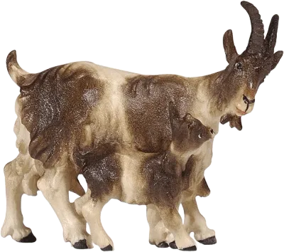 Hand-carved wooden goat with kid figure in brown and cream tones