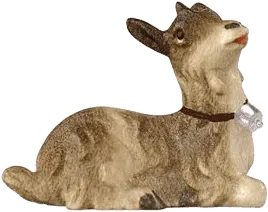 Hand-carved wooden kid goat lying down with brown and beige paint and a small bell collar