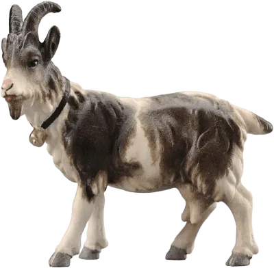 Hand-carved wooden goat with bell around neck looking left, painted in natural colors