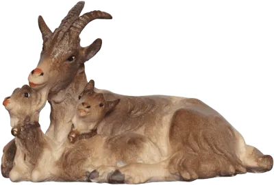 Hand-carved and hand-painted wooden figure of a lying goat with two kids in brown tones