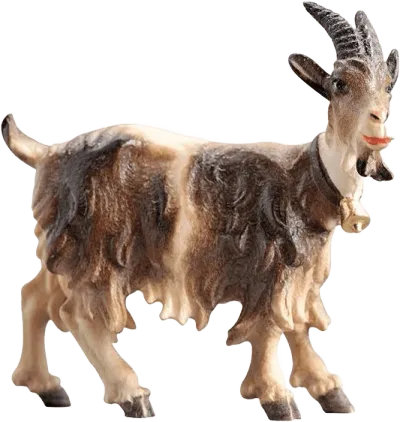Hand-carved wooden goat figure with bell, painted brown and cream, facing right