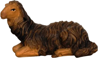 Hand-carved wooden dark brown sheep lying down looking left with detailed fur texture