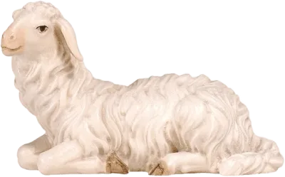 Hand-carved wooden sheep lying down looking left, painted white with detailed wool texture