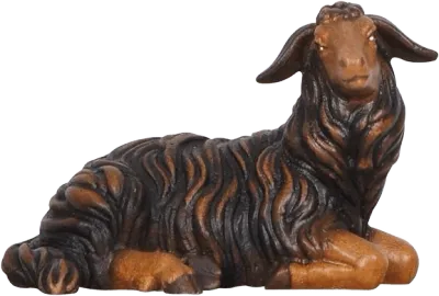Hand-carved wooden dark sheep lying down looking right with textured wool
