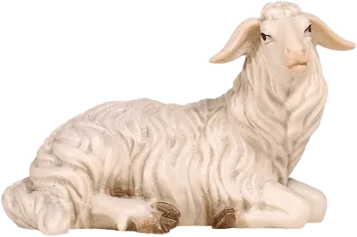 Hand-carved wooden sheep lying down looking right with detailed carved wool and hand-painted features