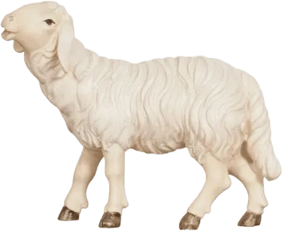 Hand-carved wooden sheep figure with head raised, painted in natural white and brown tones