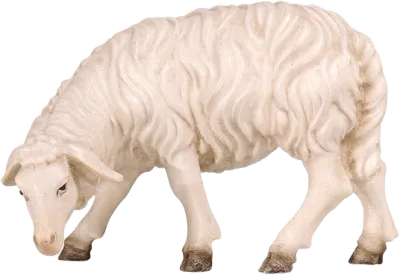 Hand-carved wooden sheep grazing looking left with detailed wool texture and hand-painted finish