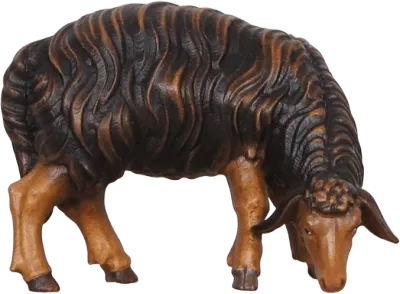 Hand-carved wooden dark sheep grazing with head lowered looking right, brown and black colors
