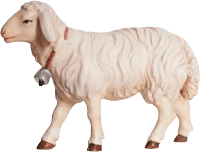 Hand-carved wooden sheep walking with bell on red collar, hand-painted in cream and brown