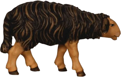 Hand-carved wooden dark sheep figure standing looking forward with detailed dark wool and tan legs