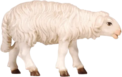 Hand-carved wooden sheep figure standing looking forward with textured white wool and brown hooves