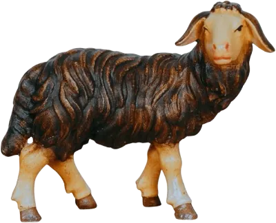 Hand-carved wooden dark sheep figure standing looking right with detailed carved wool and painted in dark brown and cream