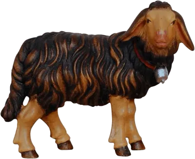 Hand-carved wooden dark sheep standing with bell, painted brown and tan