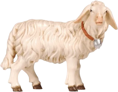 Hand-carved wooden sheep standing with a bell on a collar, painted cream and brown