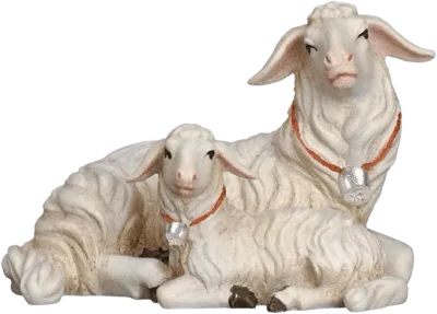 Hand-carved and hand-painted wooden figure of a lying sheep with lamb, white with orange collars