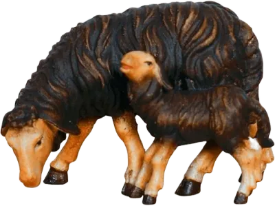 Hand-carved and hand-painted dark sheep grazing with lamb nativity figure