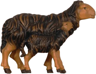 Hand-carved wooden dark sheep with standing lamb, painted in brown and black tones