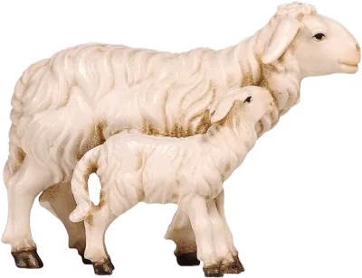Hand-carved wooden sheep with lamb standing, painted cream with brown hooves